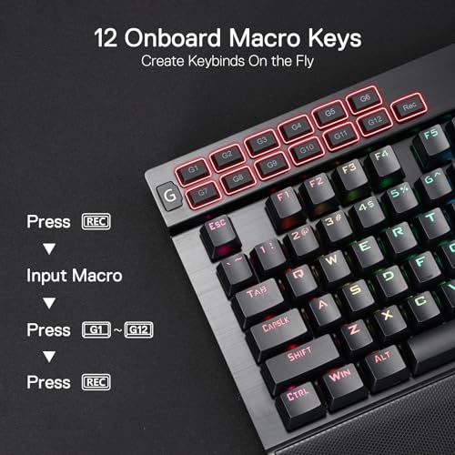Redragon K550 RGB Gaming Keyboard, 104 Keys + 12 Macro G Keys Wired Mechanical Keyboard w/Aluminum Top Plate, Custom Clicky Purple Switch, Extra USB Port & Wrist Rest - color: Black