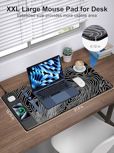 TopMade Mouse Pad with 15W Fast Wireless Charging, 31.5"x15.75" XXL Large Gaming Waterproof Desk Pad with Ultra-Smooth Surface, Non-Slip Base, Computer Desk Mat, Black Topographic Map #1 - color: Black Topographic Map #1