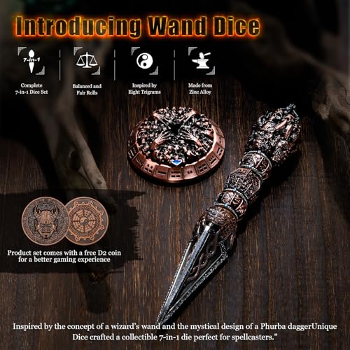 Unique Metal DND Wand dice Set with Bagua Stand, Seven as one, Roulette dice Rotator, Suitable for Role-Playing or Steampunk Themed Games with D20 D12 D10 D8 D6 D4 D00% Metal dice Set (Copper) - color: Copper