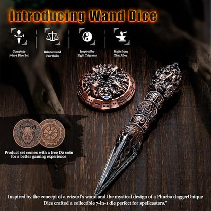 Unique Metal DND Wand dice Set with Bagua Stand, Seven as one, Roulette dice Rotator, Suitable for Role-Playing or Steampunk Themed Games with D20 D12 D10 D8 D6 D4 D00% Metal dice Set (Copper) - color: Copper