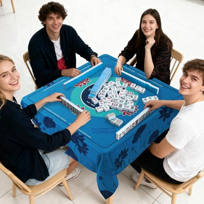 HOMBYS Elegant Lotus Mahjong Table Cloth 55x55 Inch, Square Mahjong Mat with Beginner Game Rules, Spill-Resistant Cover for Card & Tile Game Tables (Lake Blue) - color: Lake Blue
