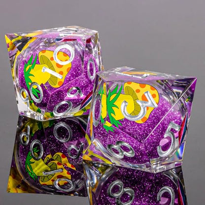 OUKELANWO Liquid Core Mushroom DND Dice Set D&D, 7Pcs Resin Sharp Edge Dice with Gift Box, Dungeons Dragons D and D Role Playing Gaming Dice D20 D12 D10 D8 D6 D4, Purple and Yellow - color: Purple and Yellow