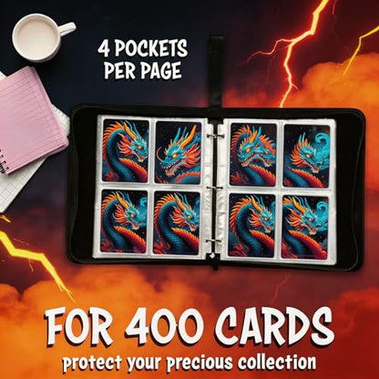 Trading Card Binder Small 4 Pocket,capacity of 400 Cards, 50 Clear Sheets Included, 3 Rings And Zipper, Cards Binder, Collector Binder, Water Proof with Dragon Design (Blue and Red, Small) - color: Blue and Red, size: Small