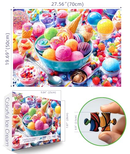Ice Cream Sweets 1000 Piece Jigsaw Puzzle for Adults Vibrant Summer Dessert Adult Jigsaw Puzzles Cool Unique Letters on Back Fun Family Challenging Puzzle Gifts for Adults Senior (27.6"x19.7") - color: Ice Cream Sweets