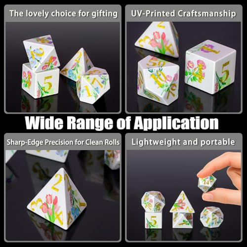DND Dice Set, 7PCS UV Printed Sharp Edge Acrylic Dice with Metal Box, Lightweight Durable Design for Dungeons & Dragons, Floral Fantasy Theme