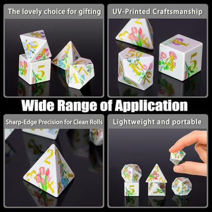 DND Dice Set, 7PCS UV Printed Sharp Edge Acrylic Dice with Metal Box, Lightweight Durable Design for Dungeons & Dragons, Floral Fantasy Theme