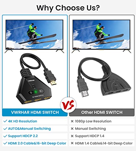 HDMI Switch 4K HDMI Splitter, Automatic HDMI Switch 3 in 1 Out with Pigtail HDMI Cable, 3 Ports HDMI Switcher Support HDCP 2.2 Full HD 4K 1080P 3D for Fire Stick Apple TV PS5 PS4 Xbox PC