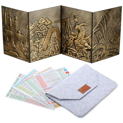 DND Dungeons Master Screen, DNDND Faux Leather 3D Embossed Four-Panel with Pockets for DND Dungeons and Dragon Tabletop Game (Brass) - color: Brass