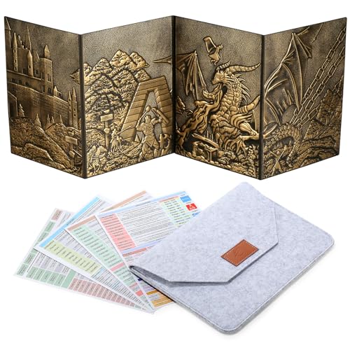 DND Dungeons Master Screen, DNDND Faux Leather 3D Embossed Four-Panel with Pockets for DND Dungeons and Dragon Tabletop Game (Brass) - color: Brass