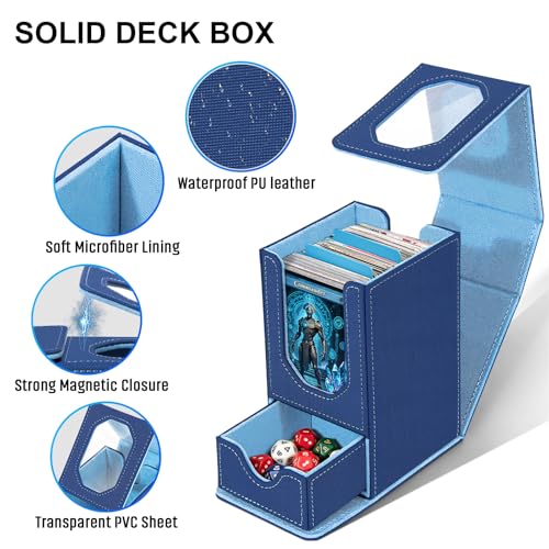 Card Deck Box for MTG Commander, Fits 100+ Double-Sleeved Cards Card Case | with Detachable Dice Tray, 2 Dividers, Removable lid, Trading Card Storage Box, Sturdy and Durable, Fits TCG/PTCG/Sports Card - color: Dark Blue and Light Blue