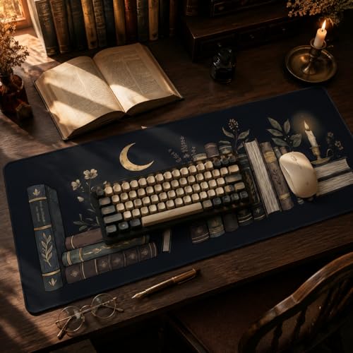 Dark Academia Desk Mat 35.4x15.7 Inch, Large Extended Mouse Pad with Bookshelf Design, Non-Slip Waterproof Desk Pad for Study, Home Office & Reading Setup - color: Black Bookshelf