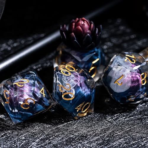7PCS DND Dice Set,Transparent Sharp Edge Dice Set D&D RPG Polyhedral Die,for Dungeons and Dragons TTRPG Games Roleplaying Games,with Gift Box(Purple Blue Lotus) - color: Lotus Purple Black