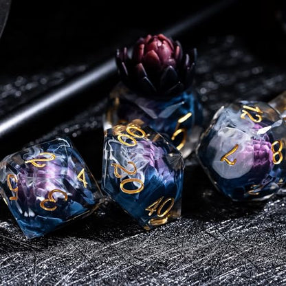 7PCS DND Dice Set,Transparent Sharp Edge Dice Set D&D RPG Polyhedral Die,for Dungeons and Dragons TTRPG Games Roleplaying Games,with Gift Box(Purple Blue Lotus) - color: Lotus Purple Black