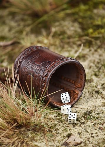 Ulfberth - Viking dice Cup with Embossed Motif - Genuine Leather - Medieval Leather Cup with Engraving (Thor's Hammer Style, Brown) - color: Thor's Hammer, Brown