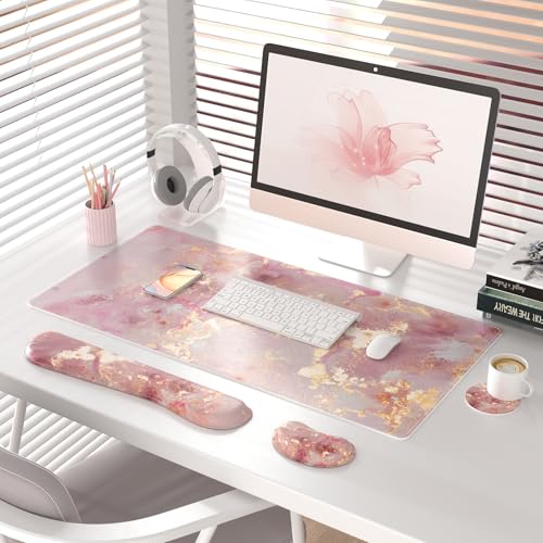 QIYI PU Leather Desk Mat Set, 4-in-1 Ergonomic Wrist Rest, Pink Marble | Waterproof Large Mouse Pad 31.5×15.7 + Keyboard Wrist Rest + Mouse Wrist Support+Coaster, Non-Slip Office Gaming Accessories - color: Pink Gold Marble