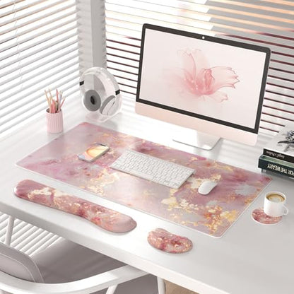QIYI PU Leather Desk Mat Set, 4-in-1 Ergonomic Wrist Rest, Pink Marble | Waterproof Large Mouse Pad 31.5×15.7 + Keyboard Wrist Rest + Mouse Wrist Support+Coaster, Non-Slip Office Gaming Accessories - color: Pink Gold Marble