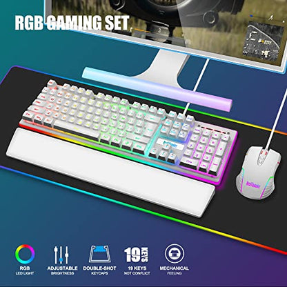 RedThunder K10 Wired Gaming Keyboard and Mouse and Wrist Rest Combo, RGB Backlit, Mechanical Feel Anti-ghosting Keyboard + 7D 7200 DPI Mice+Soft Leather Wrist Rest 3 in 1 PC Gamer Accessories(White) - color: White
