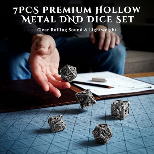 MoKo Dragon Hollow Metal DND Dice Set, Silver | 7 Pcs Polyhedral, D20 D12 D10 D8 D6 D4, For Dungeons and Dragons RPG Games, With Gift Box - color: 4 - Sliver