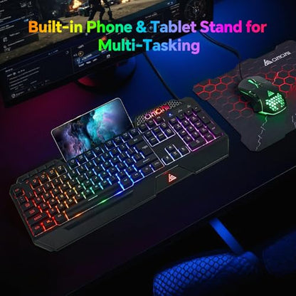 CHONCHOW Gaming Keyboard and Mouse Combo, Wired RGB Set for PC PS4 PS5 Xbox | Phone Holder, Ergo Wrist Rest, Full Size, Anti-Ghosting, USB Silent Light Up Keyboard, 7D 7200DPI Gaming Mouse, Mouse Pad