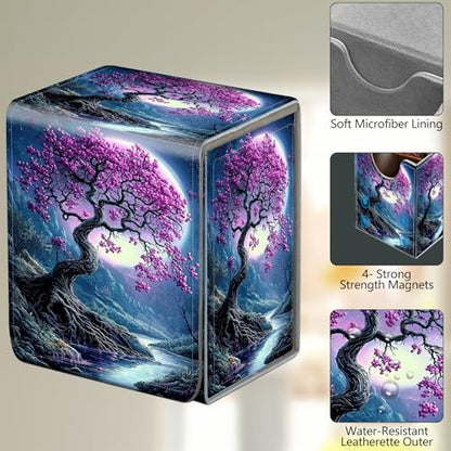 Card Deck Box, Card Storage Box Fits 100+ Single Sleeved Cards, Large Capacity PU Leather Card Storage Box with Strong Magnet for Magic Commander TCG/CCG, Moonlight Tree - color: Moonlight Tree