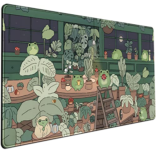 Cute Frog Mouse Pad Desk Pad Kawaii Green Desk Frog Decor Large Mouse Pad | Large Gaming Mouse Pad for Desk Computer Keyboard Laptop, Home Office Accessories for Girl (31.5x15.7 in)-with Stitched Eges - color: Green Bean Frog