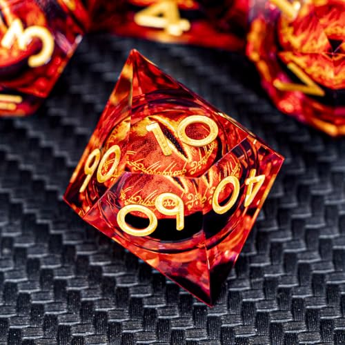 ARUOHHA DND Resin Dice Gazes Eye Dice Liquid Core Flaming RPG Sharp Edged Dice Set with Gift Box, Polyhedral D and D Dice Set Compatible with Dungeons Dragons Role Playing Game D20 D12 D10 D8 D6 - color: Sl01-gold Red