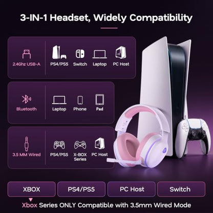 AOC 2.4GHz Wireless Gaming Headset for PS5, PS4 Fortnite & Call of Duty/FPS Gamers, PC, Switch, Bluetooth 6.0 Gaming Headphones with Noise Canceling Mic, 7.1 Virtual Surround, 45Hr Battery - Pink - color: Pink