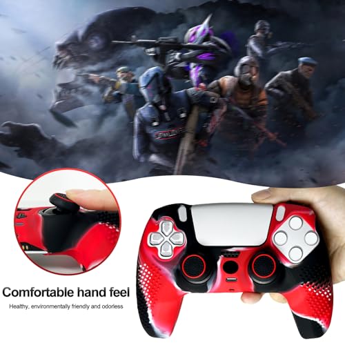 Anti-Slip Red&Black Controller Skin,Studded Edition Protective Silicone Cover Skin Grips Compatible with PS5/Slim/Pro Controller and 6 PCS Thumb Grips Caps. - color: Red & Black