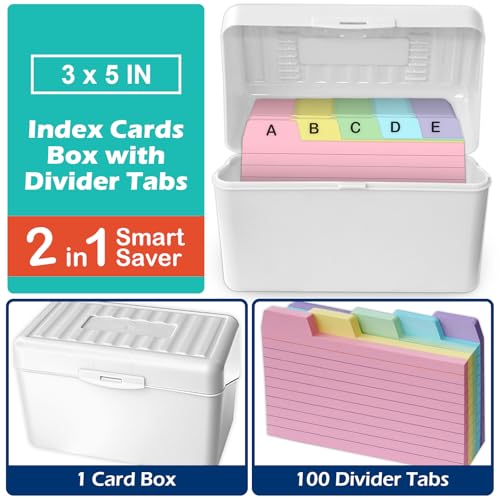 Olivo 3x5 Index Card Holder Box with 100 Cards Dividers Tabs 3"x 5", White - color: White