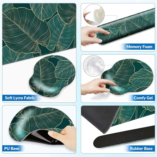 Desk Mat Set Keyboard and Mouse Pad with Wrist Rest Support | Ergonomic,Pain Relief, 4-in-1 Large Big Mousepad Computer Mats,Desk Pad Matt Mats for Desktop Home & Office - color: M-Green Leaves