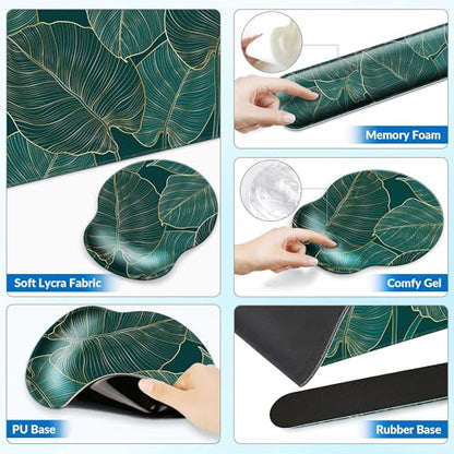 Desk Mat Set Keyboard and Mouse Pad with Wrist Rest Support | Ergonomic,Pain Relief, 4-in-1 Large Big Mousepad Computer Mats,Desk Pad Matt Mats for Desktop Home & Office - color: M-Green Leaves