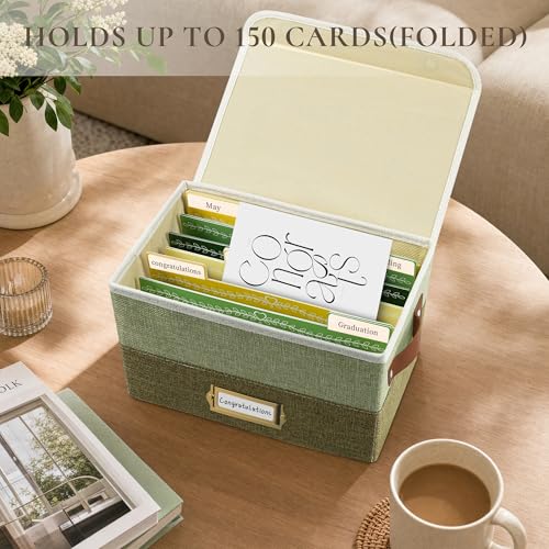 Vienrose Greeting Card Organizer Box, Foldable Storage Box with 20 Removable Dividers and 84 Self-Adhesive Labels, Card Box for Greeting Cards Photos Envelopes Stickers Postcards, Sage & Olive - color: Sage & Olive