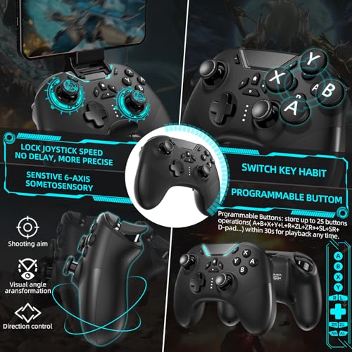 Hall Effect Bluetooth Controller for Switch/PC/iPhone/Android/TV/Steam, Pro Wireless Game Controller Remote Gamepad with Phone Clip with Hall Joystick/Lock Speed/6-Axis Gyro/Dual Motors/Turbo/Macro - color: whole black