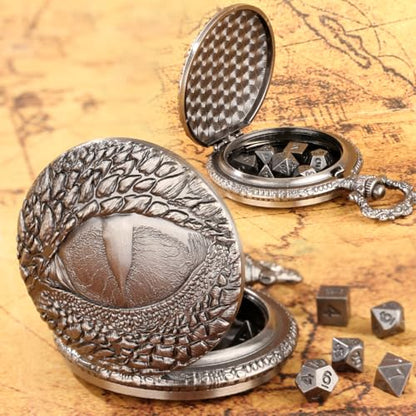 Mini DND Dice Set with Retro Dragon's eyes Pocket Watch Shell Case, DND Starter Set, 7pcs Polyhedral Mini Metal Dice Set, D&D Gifts with Gift Bag, Role Playing Board Game Accessories, Dark Silver - color: Dark Silver