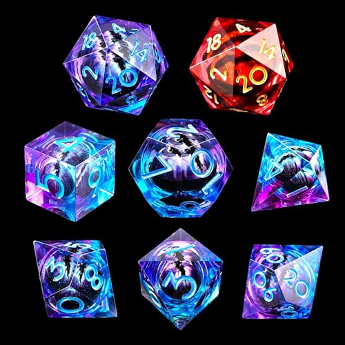 DND Dice Set 8PCS with Extra D20-Beholder's Eye Dragon Eye Liquid Core Sharp Edge Handmade Polyhedral Resin 2×D20 D4 D6 D8 D10 D12 D10% Dungeons Dragons Tabletop RPG - color: 8pcs-purple Blue