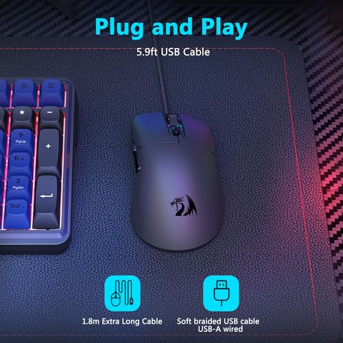 Redragon Wired Gaming Mouse, Lightweight Ergonomic Optical Mouse, 5 Adjustable DPI Up to 24000, 6 Programmable Buttons, Soft Braided Cable for Windows PC Gamers & Laptop - Black