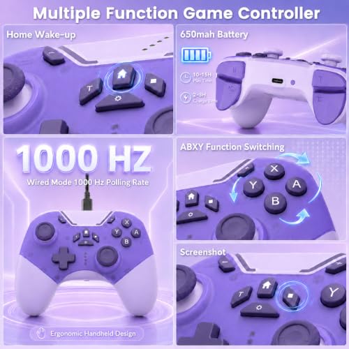 aghi Bluetooth Phone Controller with Hall Effect Joysticks and Phone Clip | Wireless Gamepad for iPhone/Android/TV/PC/Steam/Switch 1/2, with Lock Speed, Macro, 6-Axis Gyro, Vibration, Turbo, Purple - color: Purple