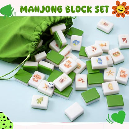 Green Pink 2 Players Mahjong Block Set, Mahjong Tile Game with 50 Tiles with 12 Different Patterns, Animal and Food Pattern, Portable Mahjongg Set with A Carry Bag（Includes Instruction Manual） - color: Green