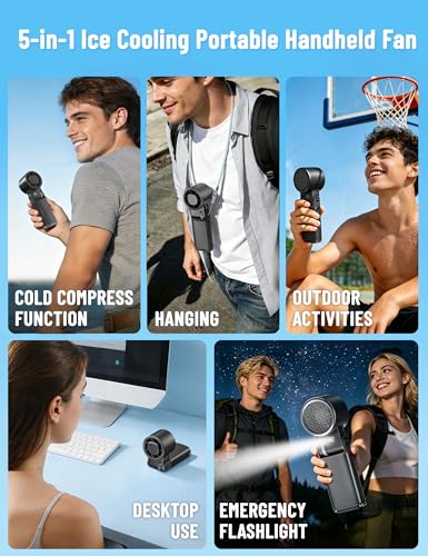 Polvntrd Portable Handheld Fan, Ice Cooling Plate, Cold Air Rechargeable AC | Mini Turbo Personal Fan, Wearable Foldable Travel, Menopause Gadgets, 199 Speeds 26000RPM, LED Light, Outdoor Gift - color: matte black
