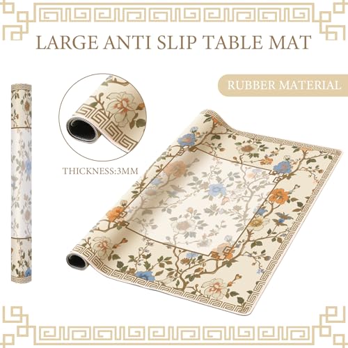Chinoiserie Mahjong Mat with 1 Carrying Bag 31.5" x 31.5" Beige and White Rubber Anti Slip and Noise Reduction Multi Purpose Game Table Cover for Card, Board Tile Games - color: Beige