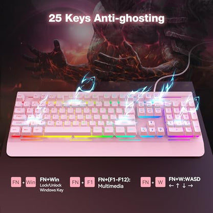TECKNET Wired Gaming Keyboard, RGB Backlit Keyboard with Metal Panel Design | 15-Zone RGB Illumination, Whisper Quiet Design, IP32 Water Resistance, 25 Anti-ghosting Keys, Ergonomic Design - color: Pink