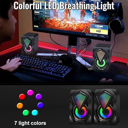 Computer Speakers X2 Wired PC Speaker 2.0 USB Gaming Powered Stereo Mini Multimedia Volume Control with RGB Lights 3.5mm Aux Input for Phone Tablets Desktop Laptop