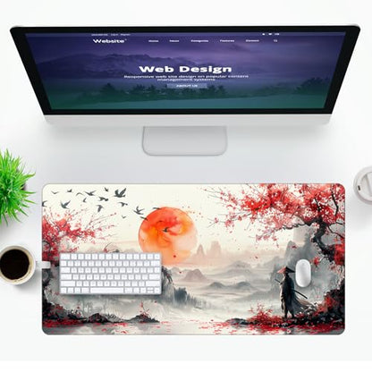Large Japanese Gaming Mouse Pad, White and Red, Premium Non-Slip Anime Desk Pad for Office, Extended XL XXL Mouse Mat and Laptop Pad, Waterproof and Stiched Edges 31.5 x 15.7 in (sam1) - color: White, Red