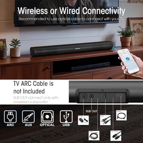 BESTISAN Sound Bar with Enhanced Bass–Dual Larger Woofer & Dual Bass Ports, Sound Bar for Smart TV, 22-inch Soundbar with Bluetooth5.3/TV-ARC/Optical/AUX Input - color: 22 Inch black
