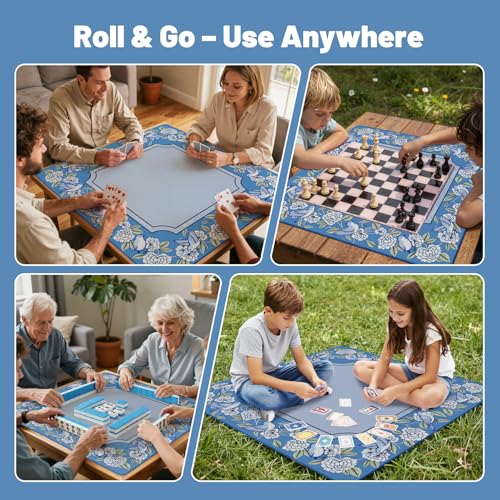 Anti Slip Mahjong Mat for Table 32.4" x 32.4" - Noise Reduction Rubber Base Game Mat with Carrying Bag, Waterproof Portable Table Cover for Poker/Cards/Board Games/Tile Games-Blue - color: Fl-blue