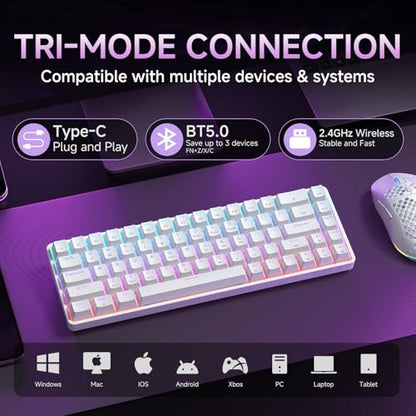 DIERYA DK68 60% Wireless Mechanical Gaming Keyboard, 3-Mode, Bluetooth 5.0/2.4G/USB-C, RGB Backlit, 68-Key Compact Mini for Windows, Mac, Linux - Linear Red Switch - White - color: White/Red Switch, size: Wireless