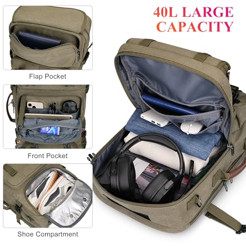 WITZMAN Travel Backpack for Men 40L Large Carry-on Airline Approved | Canvas 3 in 1 Duffle Luggage Bag Fits 16“ Laptop, Shoe Compartment, For Weekend Getaway, Overnight Trip - color: Army Green