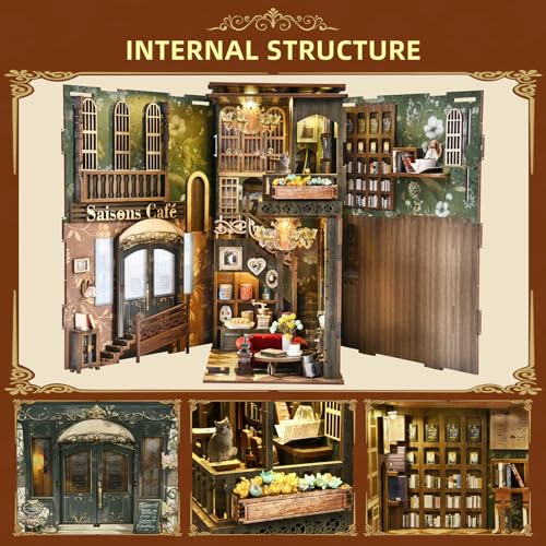 MiniCity Book Nook Kit, DIY Miniature Dollhouse Book Nook Kit with Dust Cover and LED Light (Saisons Café) | 7.1 x 4.3 x 9.1 in; 347 pieces, LED and dust cover; glue/tools and guide included; 8-10 hr DIY build for display, ages 14+. - style: Saisons Café