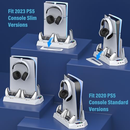 PS5 Slim Stand and Cooling Station with Controller Charging Station for Playsation 5 Slim&Standard Disc/Digital Console, PS5 Accessories Incl. Controller Charger/Turbo Fan/3 USB Hub/Headset Holder - color: WORK WITH PS5 Slim and PS5