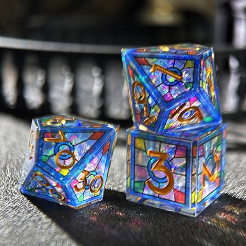 HAOMEJA Double Layered Resin Dice Set 7pcs/ Stained Glass Effect & Gold Numbers/Sharp Edged Polyhedral Dice/Apply to D&D/DND/Dungeons & Dragons/Role Playing Game/RPG/Party Gift (Blue Sky) - color: 1 Blue Sky